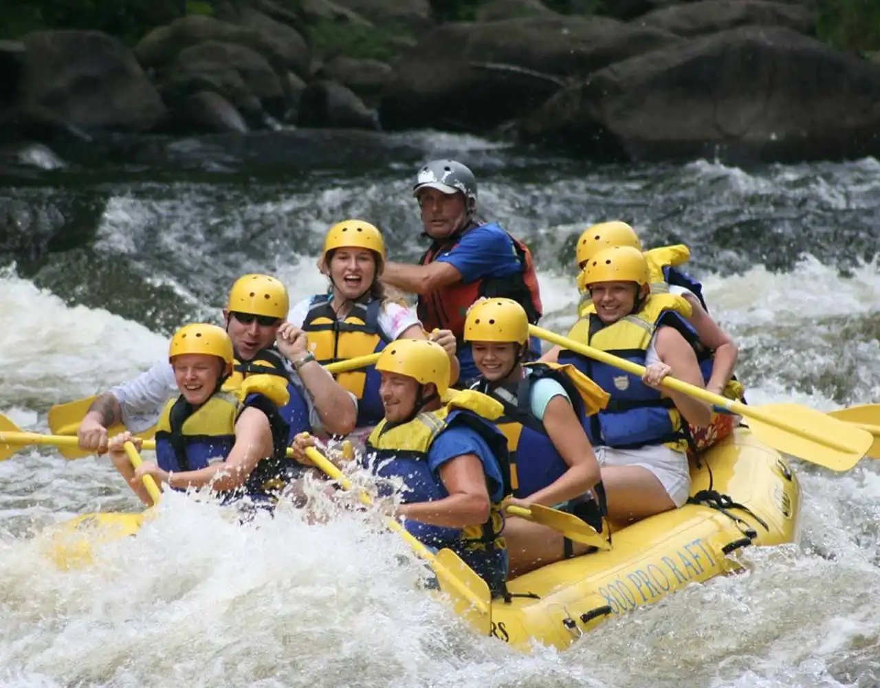 Group rafting on a river